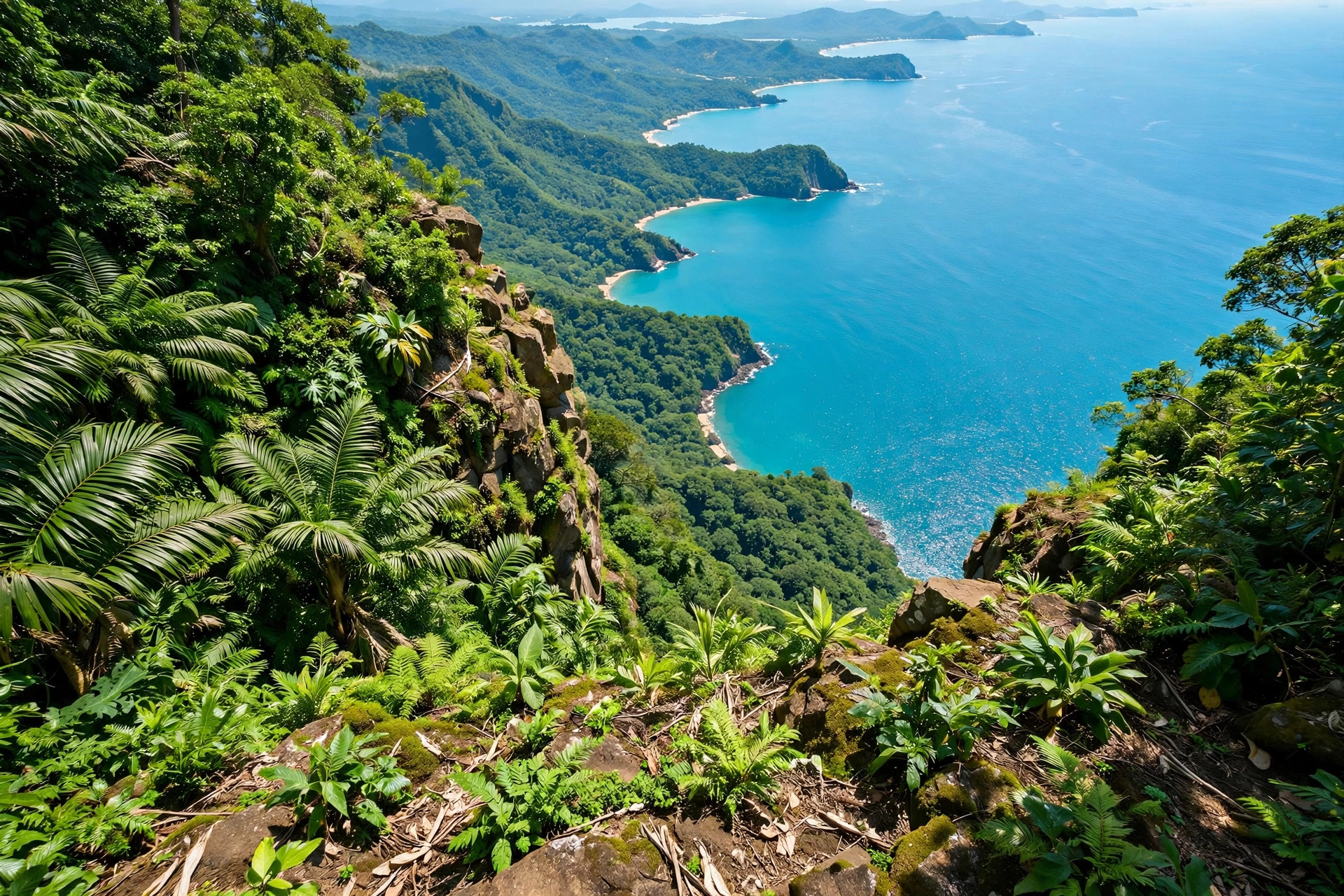 Lush jungle cliff overlooking a turquoise sea in bright summer sunshine